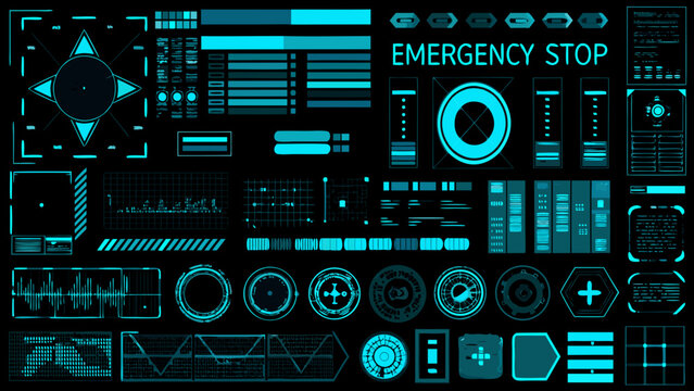 Futuristic interface elements with glowing blue lines and geometric shapes