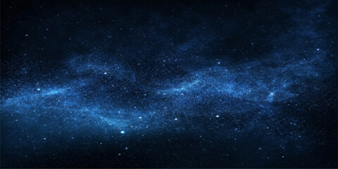 A deep blue abstract space background features a bright nebula cloud and shimmering stars across a dark cosmic galaxy for a fantasy astronomy wallpaper © PIXEL