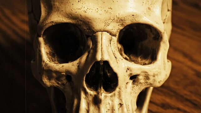 Close-up of a human skull with large eye sockets and jaw sitting on a wooden surface in warm lighting