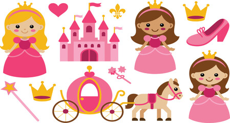 Cute fairy tale princess vector illustration set featuring pink castle magic carriage horse crown and magical wand for girls birthday and fantasy designs