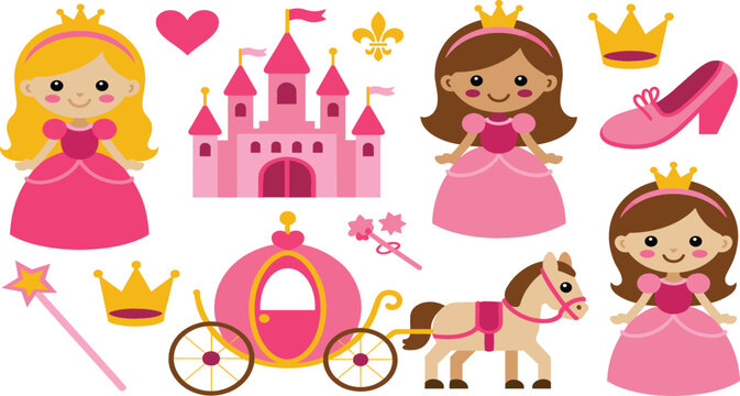 Cute fairy tale princess vector illustration set featuring pink castle magic carriage horse crown and magical wand for girls birthday and fantasy designs