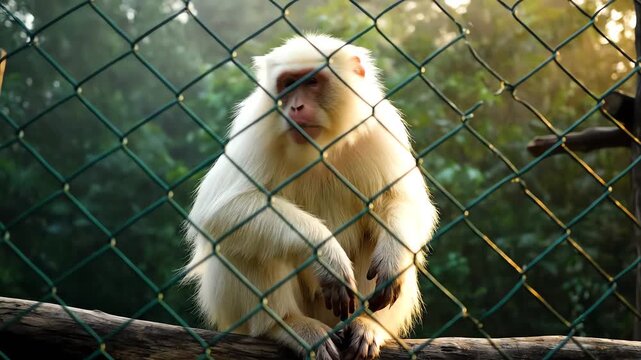 Albino Macaque Sitting Behind Fence in Forest Enclosure