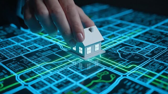 A hand moves a glowing miniature house across a high-tech blue and green digital map, tracking potential property locations or smart city development over time.