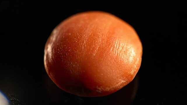 Close up view of a small, vibrant orange seed on a reflective black surface