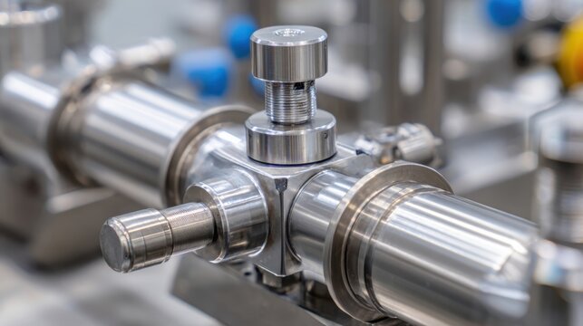 Close-up view of polished industrial pneumatic cylinders and intricate valve assembly in a manufacturing facility