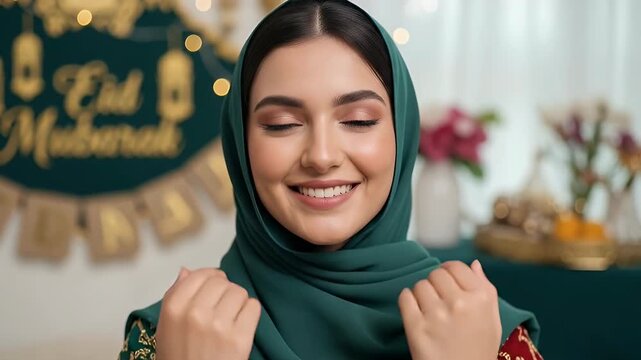 A radiant young woman, adorned in a vibrant traditional garment and elegant headscarf, smiles genuinely at the camera. Her hands are gently pressed together in a respectful, welcoming gesture, conveyi