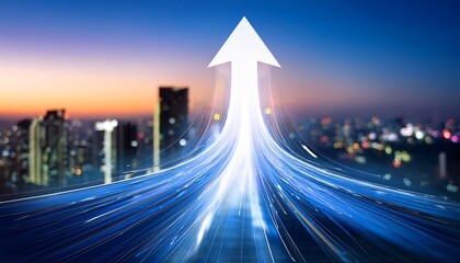 abstract arrow of light over blurred cityscape representing business transformation and decision intelligence speed data driven direction and strategic change