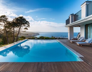 Fototapeta premium large pool is in front of a house with a view of the ocean