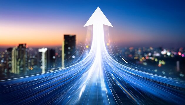 abstract arrow of light over blurred cityscape representing business transformation and decision intelligence speed data driven direction and strategic change