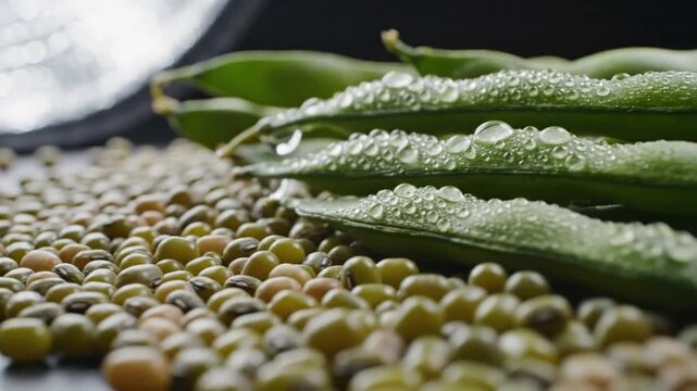 Close-up shot of fresh mung beans and pods with water droplets, healthy food concept