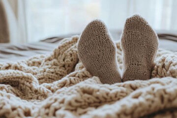 Feet in socks wrapped in a soft knitted blanket close-up
