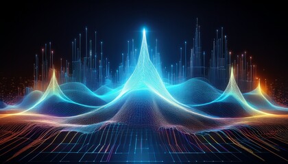 Naklejka premium abstract network landscape with glowing spike indicating cybersecurity anomaly detection waveform node and data flow visualization