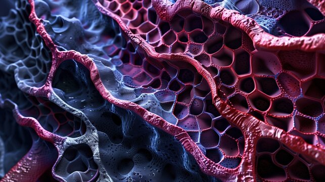 National Colorectal Cancer Awareness Month:scientific illustration of colon tissue cross-section in extreme detail, layered intestinal wall structure, blood vessels network, microscopic accuracy