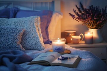 Cozy bedroom scene with soft, warm lighting, wellness ritual for better sleep