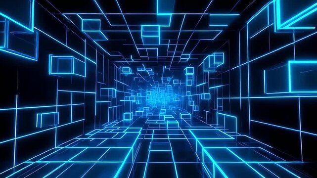 Futuristic neon blue grid tunnel with glowing rectangles and squares.