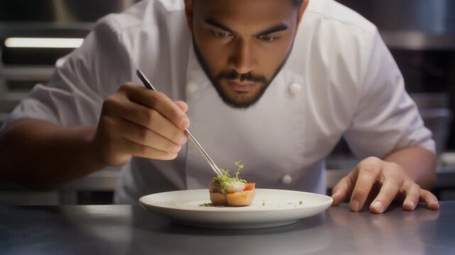 Chef prepares garnished dish with precision in kitchen close-up
