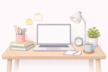 Cute Pastel Study Desk Workspace with Laptop, Books and Coffee, Cozy Home Office Illustration