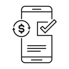Minimalist icon of a smartphone with a dollar exchange symbol and a checkmark illustrating a successful digital payment or transaction.