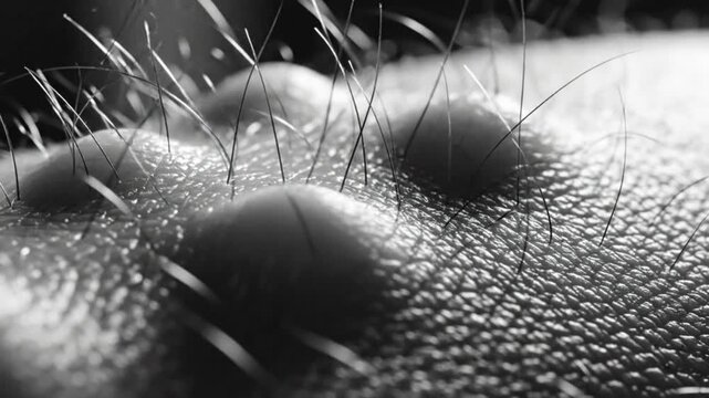 Black and white macro close-up of goosebumps on skin, showing detail, texture, and physical reaction
