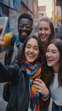 Four young adults taking a selfie together on a city street with cars and graffiti in the background