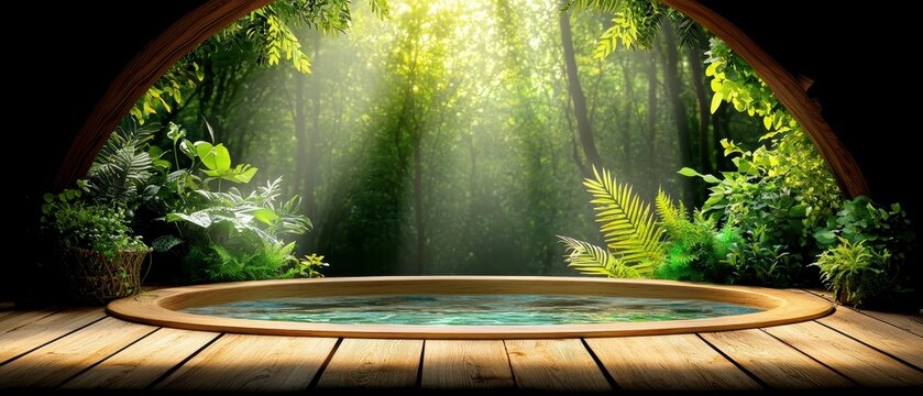 Forest Spa Bathtub with Lush Green Plants and Sunlight, Nature Wellness Background