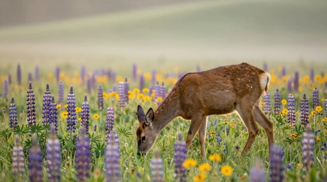 Deer grazing among flowers in a field during morning light in a quiet valley
