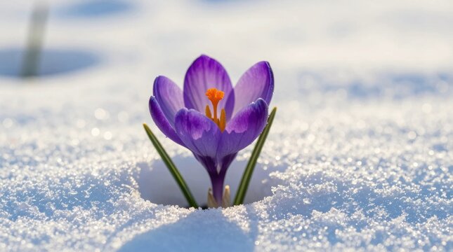 Crocus flower blooms through snow at the start of spring in a garden