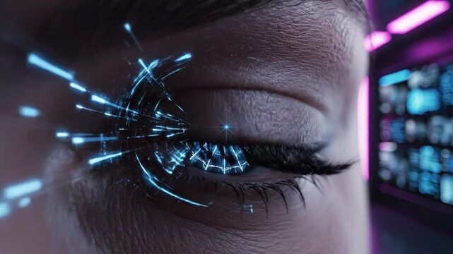 Human eye with futuristic iris scanning technology in a high-tech facility