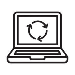 Minimalist line art laptop icon with a circular arrow symbol on the screen representing system updates, data synchronization, and software refreshing.