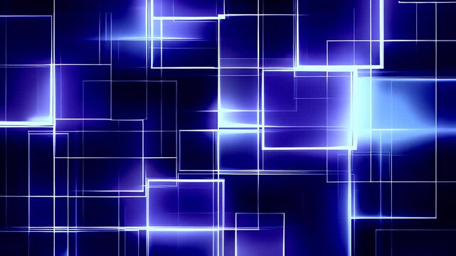 Abstract futuristic neon blue glowing squares pattern background.