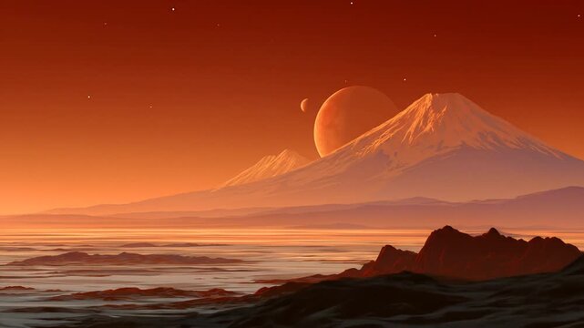 Dramatic alien landscape with mountains and planets against a vibrant sky