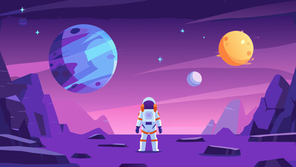 Astronaut stands on a rocky planet gazing at distant planets and stars © Sujit