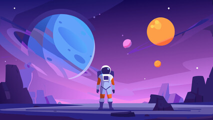 Astronaut gazing at planets and moons in a vibrant space landscape © Sujit