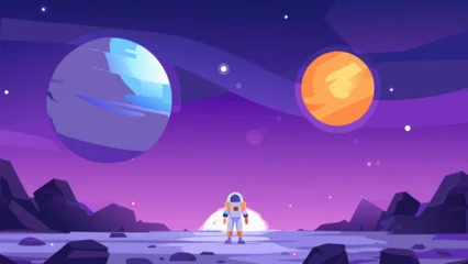 Fototapete Warmes Lila Astronaut standing on a desolate planet with colorful planets in view  © Sujit
