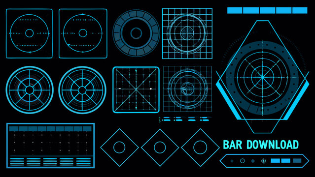 Futuristic user interface elements with glowing blue lines on a dark background