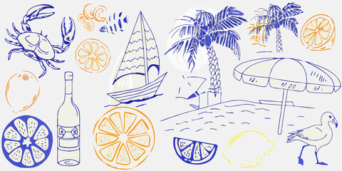 A playful doodle collection featuring tropical elements and summer vacation themes © Rakesh