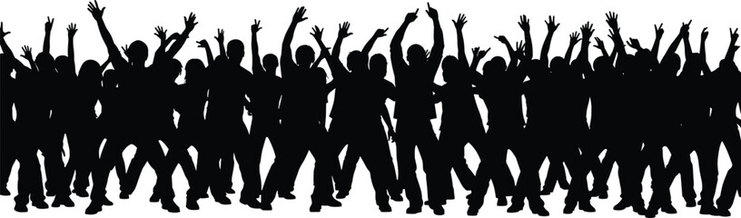 Silhouette of Energetic Dancing Crowd with Raised Hands Isolated on White Background for Concert, Party, Festival and Celebration Concept