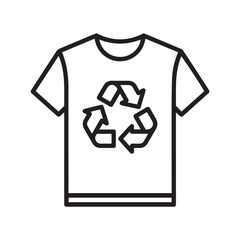 Minimalist black line icon of a t-shirt featuring a recycling symbol, representing eco-friendly fashion, sustainable apparel, and clothing recycling initiatives.