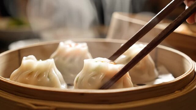 Steaming hot traditional Chinese dim sum dumplings, freshly prepared and served in a classic bamboo steamer, with a hand using chopsticks to pick up a delicious, savory piece, highlighting authentic .