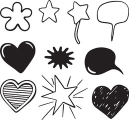 Set of hand drawn doodle hearts, stars, flowers, speech bubbles, and splash shapes