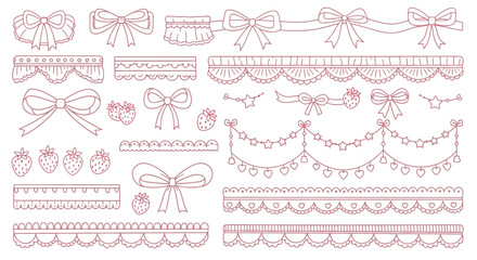 Cute Pink Hand-Drawn Decorative Border Elements with Ribbons and Strawberries