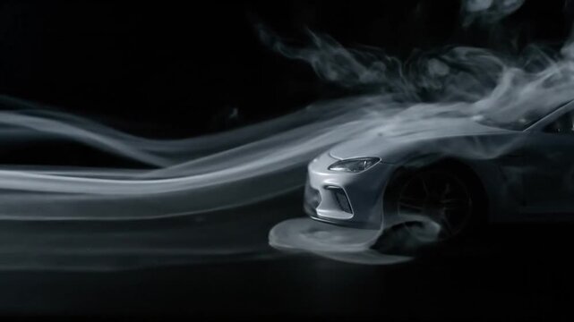 White smoke streams flow dynamically over and around a miniature white sports car against a dark backdrop, visualizing aerodynamic forces, turbulence, and optimal design efficiency.