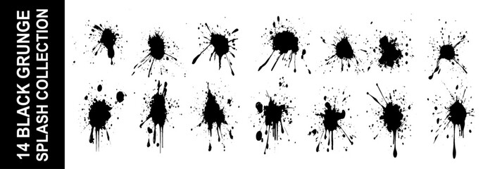 Grunge ink splatter. Splash of paints, spray drops staining and frame with wet paint drop traces  set. Illustration splash and drip design, silhouette blob spray collection. 
