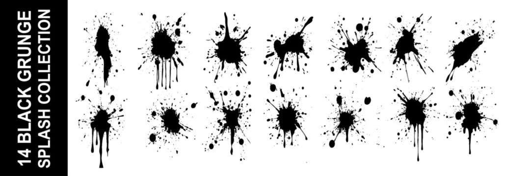 Ink drops and splashes. Blotter spots, liquid paint drip drop splash and ink splatter. Artistic dirty grunge abstract spot  set. Illustration monochrome drip splash, splat messy inkblot
