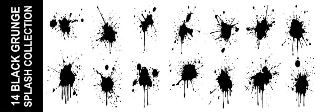 Ink drops and splashes. Blotter spots, liquid paint drip drop splash and ink splatter. Artistic dirty grunge abstract spot  set. Illustration monochrome drip splash, splat messy inkblot