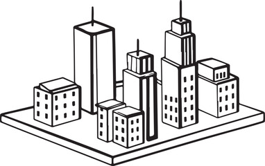 Isometric city skyline sketch with various skyscrapers and buildings on rectangular platform