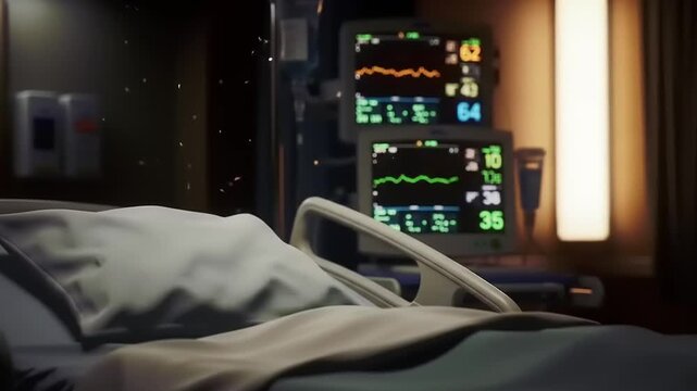 Hospital Intensive Care Unit Bed with Medical Monitors at Night.