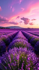 Fototapeta premium Lavender Field at Sunset Serene Purple Landscape Provence Style Floral Aroma Nature Scenery Evening Glow Peaceful Scene.