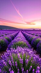 Fototapeta premium Lavender Field at Sunrise Serenity Landscape of Purple Blooms and Colorful Sky for Wellness or Aromatherapy Concepts.