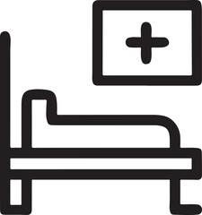 Hospital bed and medical cross symbol in frame above representing healthcare facility